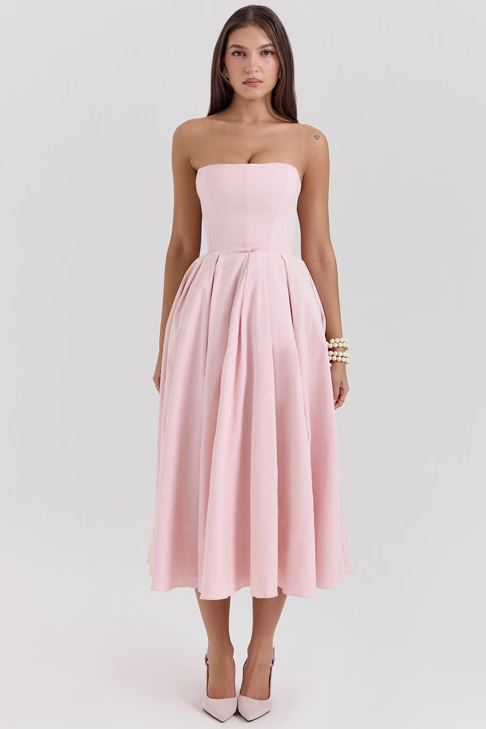 CAMILLE Parisian Pink Strapless Corset Midi Dress