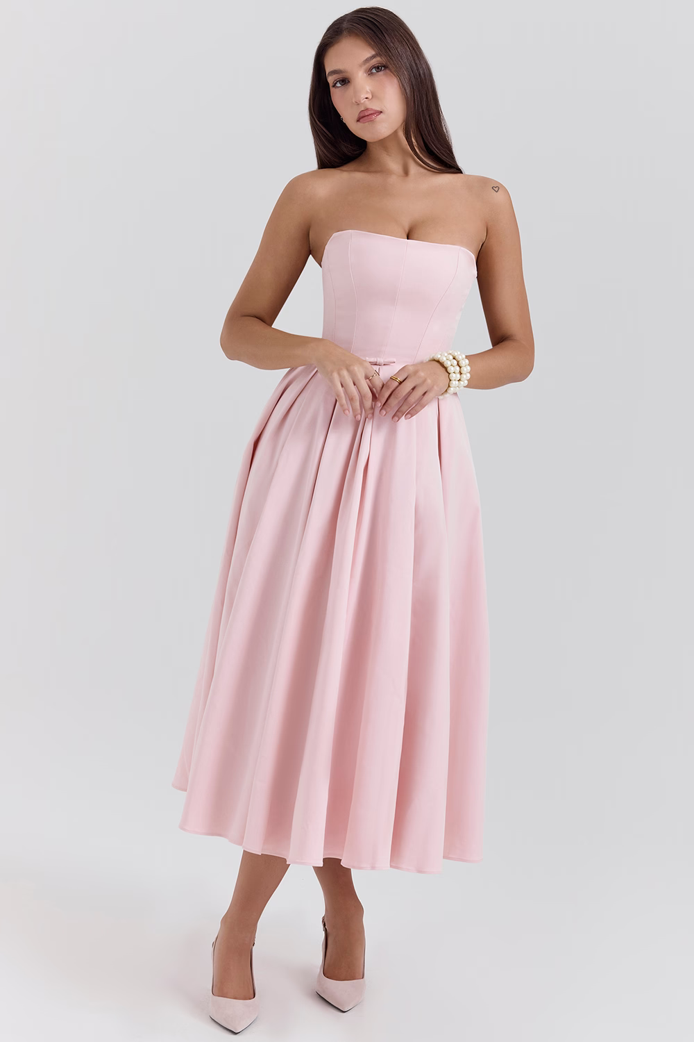 CAMILLE Parisian Pink Strapless Corset Midi Dress