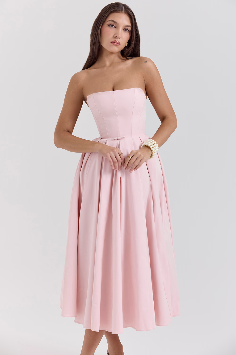 CAMILLE Parisian Pink Strapless Corset Midi Dress