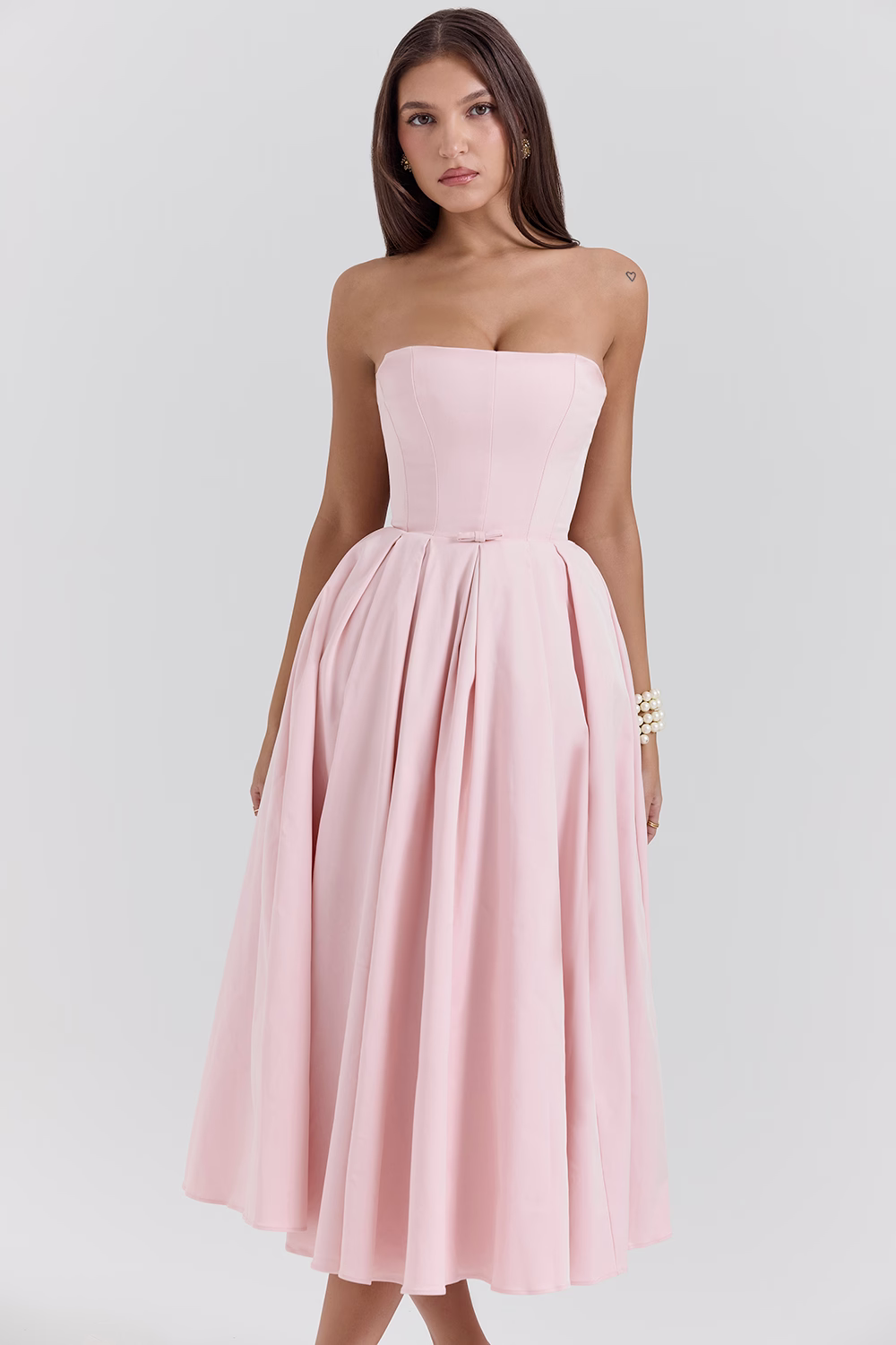 CAMILLE Parisian Pink Strapless Corset Midi Dress