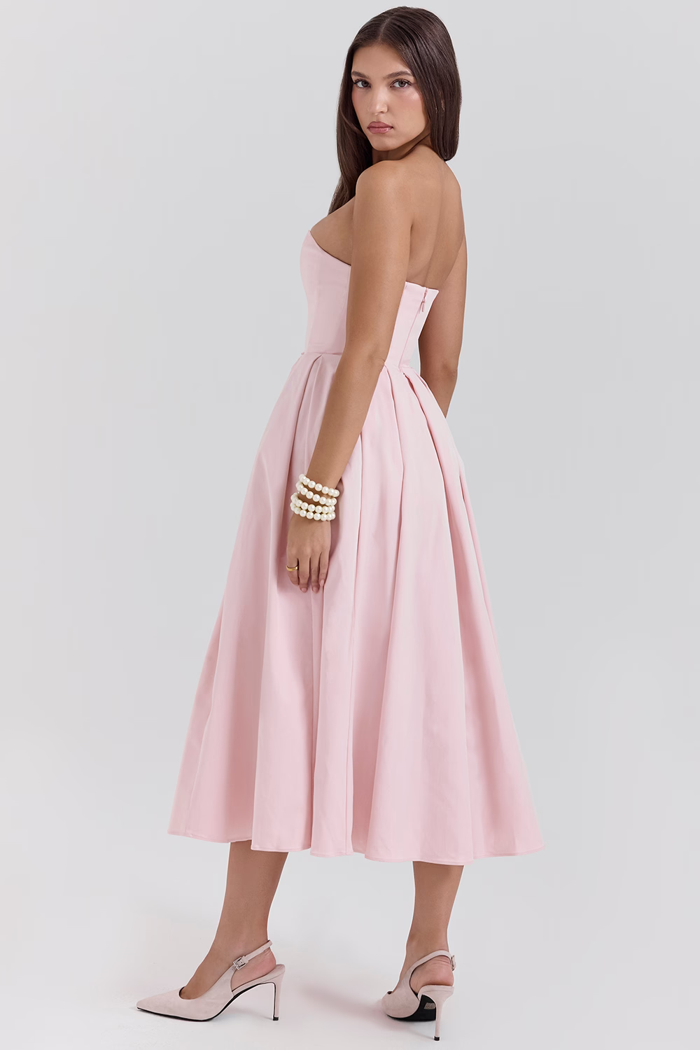 CAMILLE Parisian Pink Strapless Corset Midi Dress