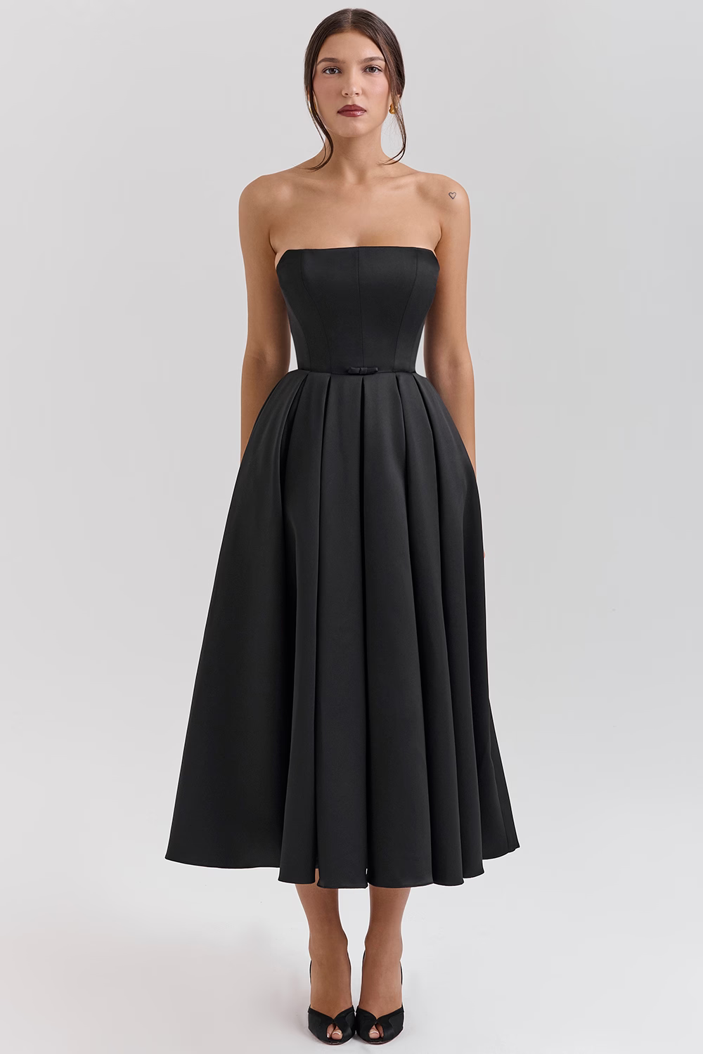 CAMILLE Black Strapless Satin Corset Midi Dress