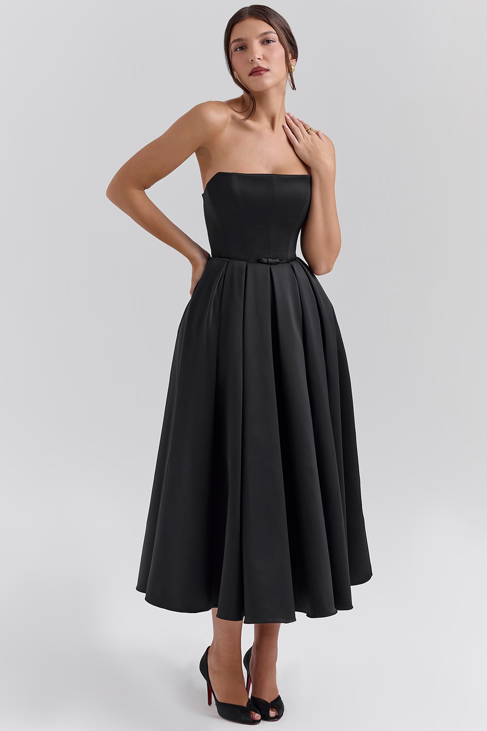 CAMILLE Black Strapless Satin Corset Midi Dress