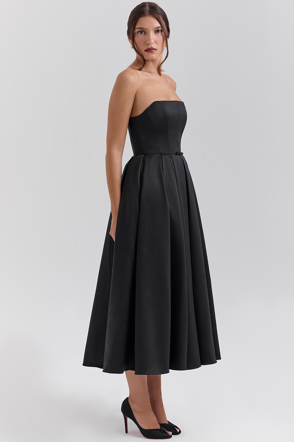 CAMILLE Black Strapless Satin Corset Midi Dress