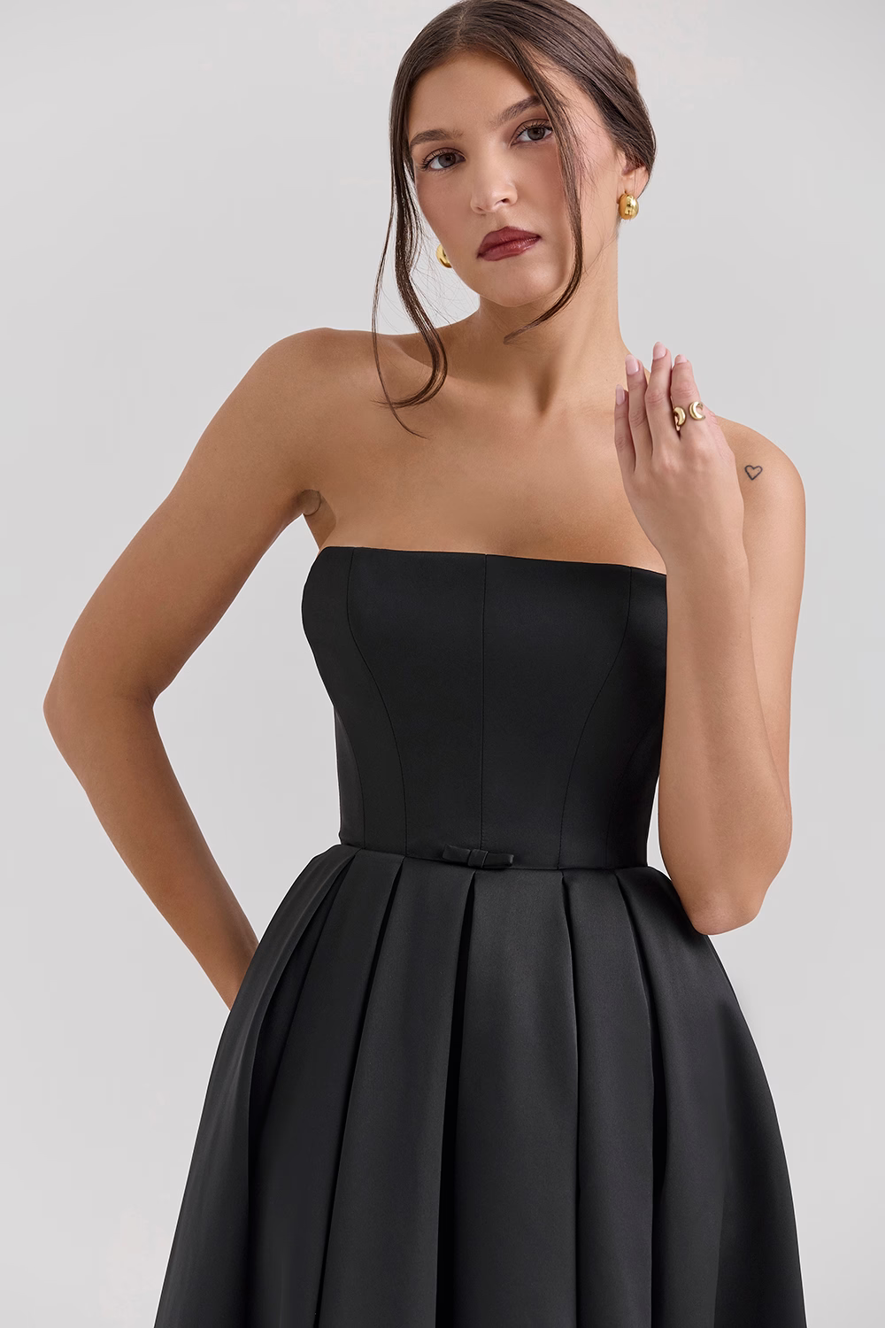 CAMILLE Black Strapless Satin Corset Midi Dress