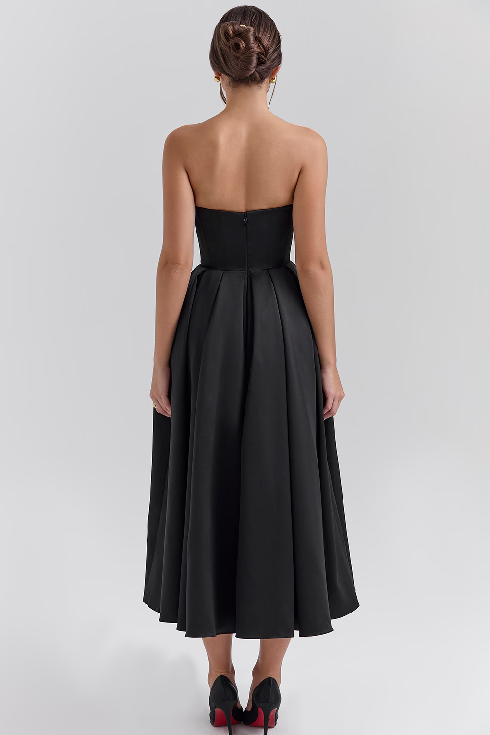 CAMILLE Black Strapless Satin Corset Midi Dress