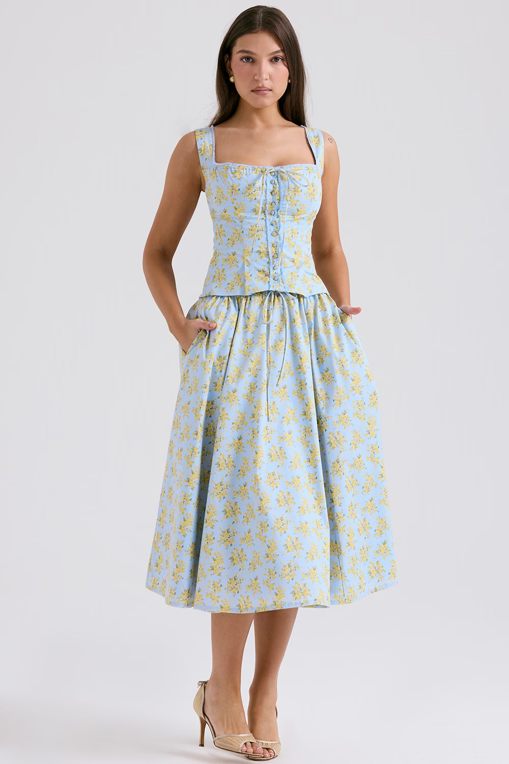 Bora Soft Blue Floral Print Cotton Midi Skirt