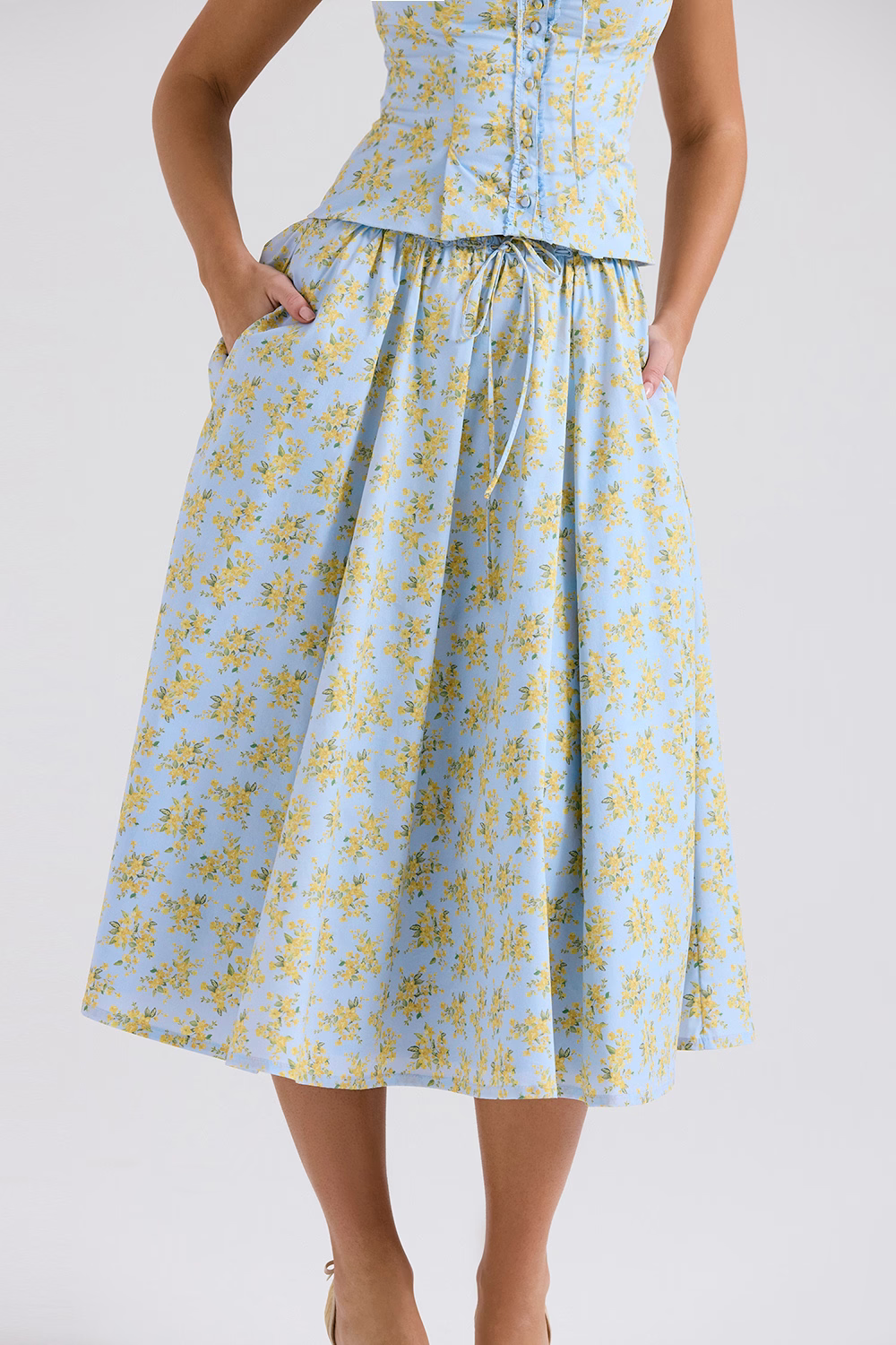 Bora Soft Blue Floral Print Cotton Midi Skirt