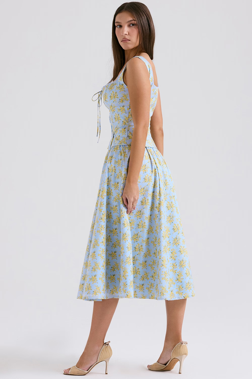 Bora Soft Blue Floral Print Cotton Midi Skirt