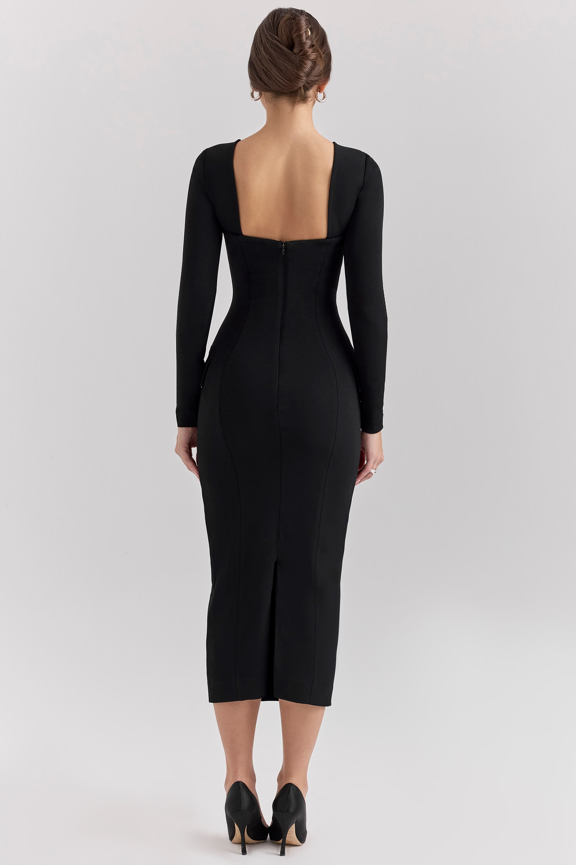 VALERIE Black Crepe Long Sleeve Midi Dress