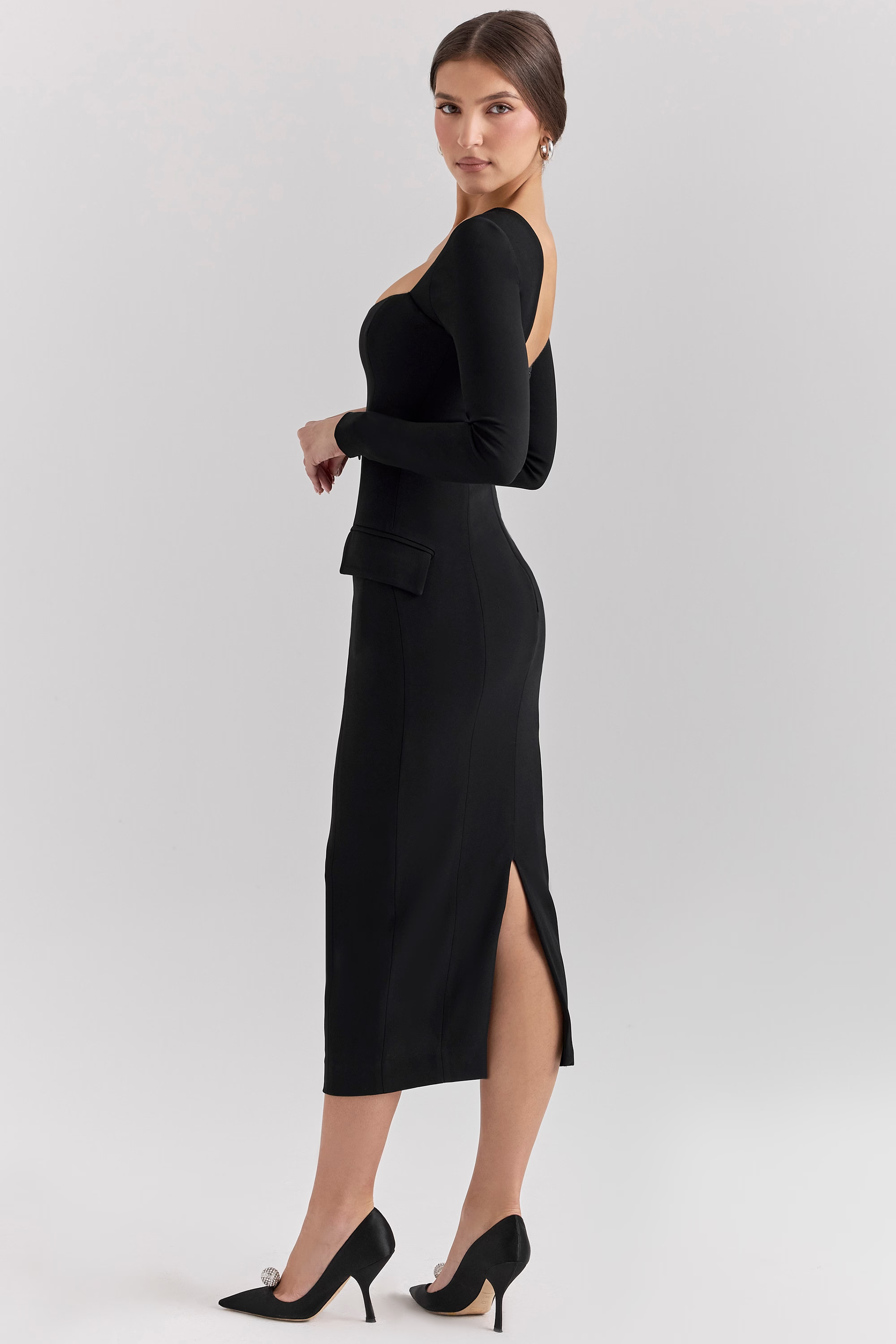 VALERIE Black Crepe Long Sleeve Midi Dress