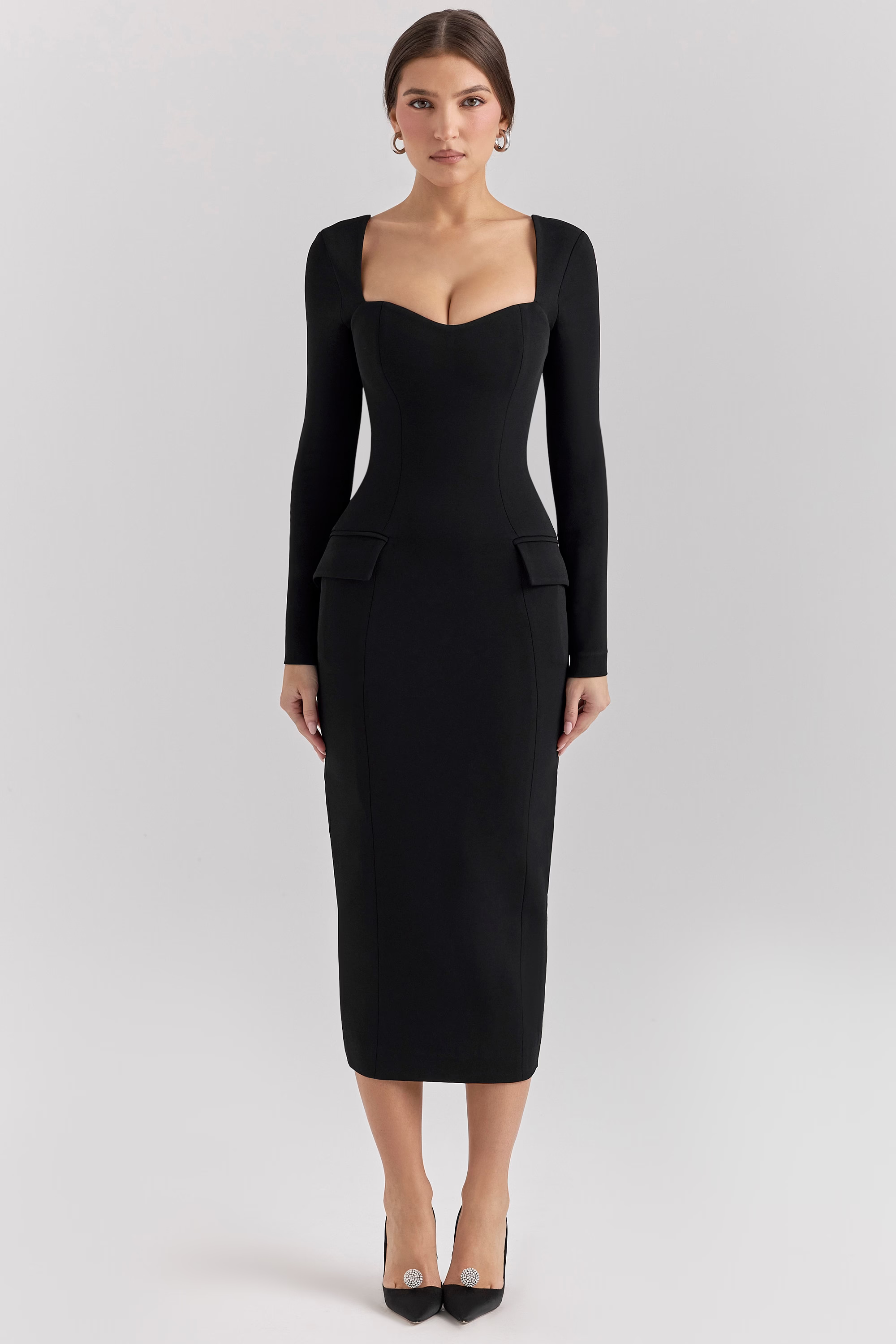 VALERIE Black Crepe Long Sleeve Midi Dress