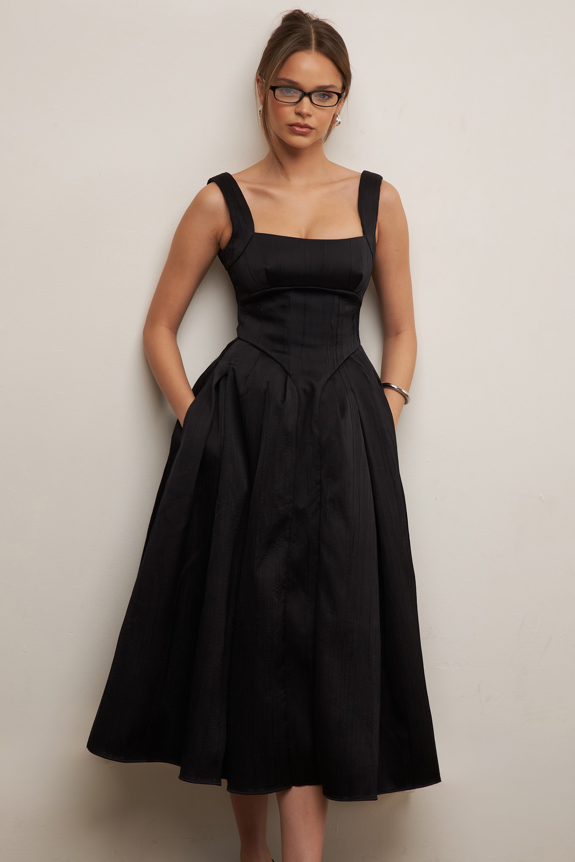 THERESE Black Textured Corset Midi Dress