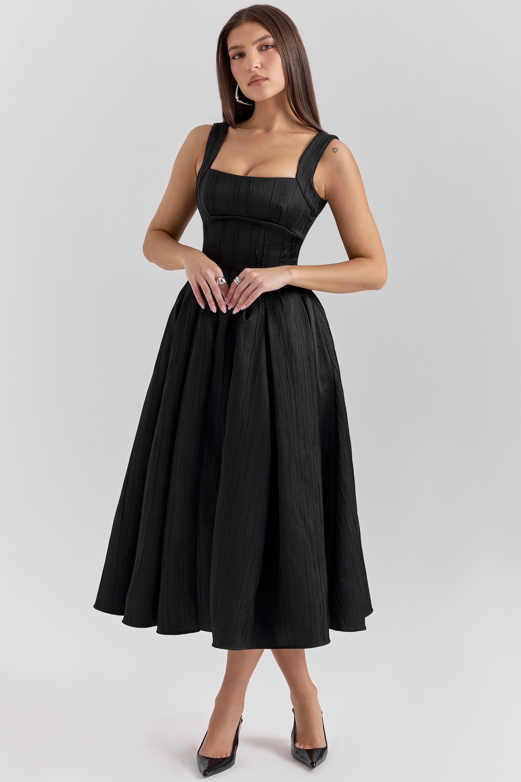 THERESE Black Textured Corset Midi Dress