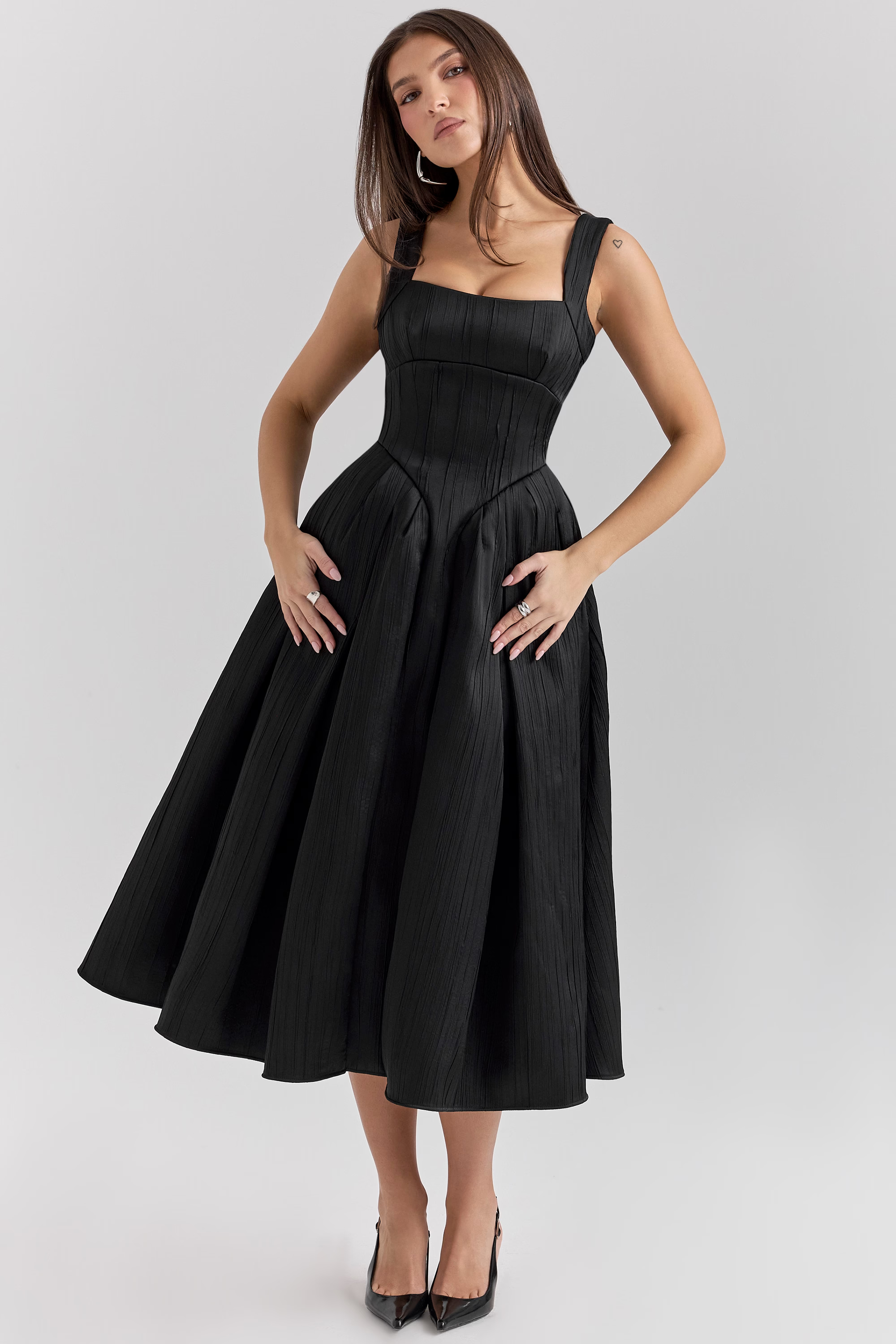 THERESE Black Textured Corset Midi Dress