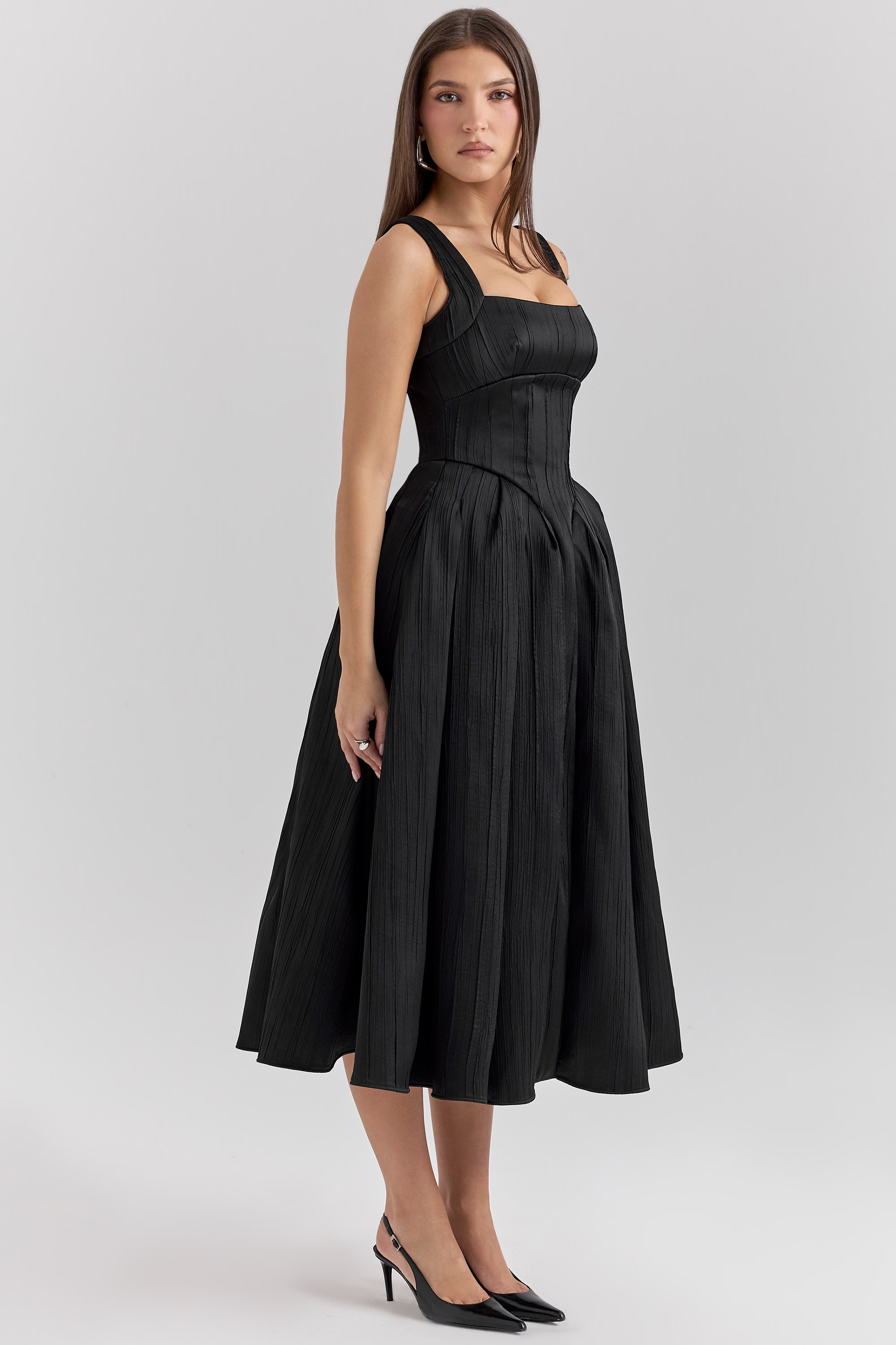 THERESE Black Textured Corset Midi Dress