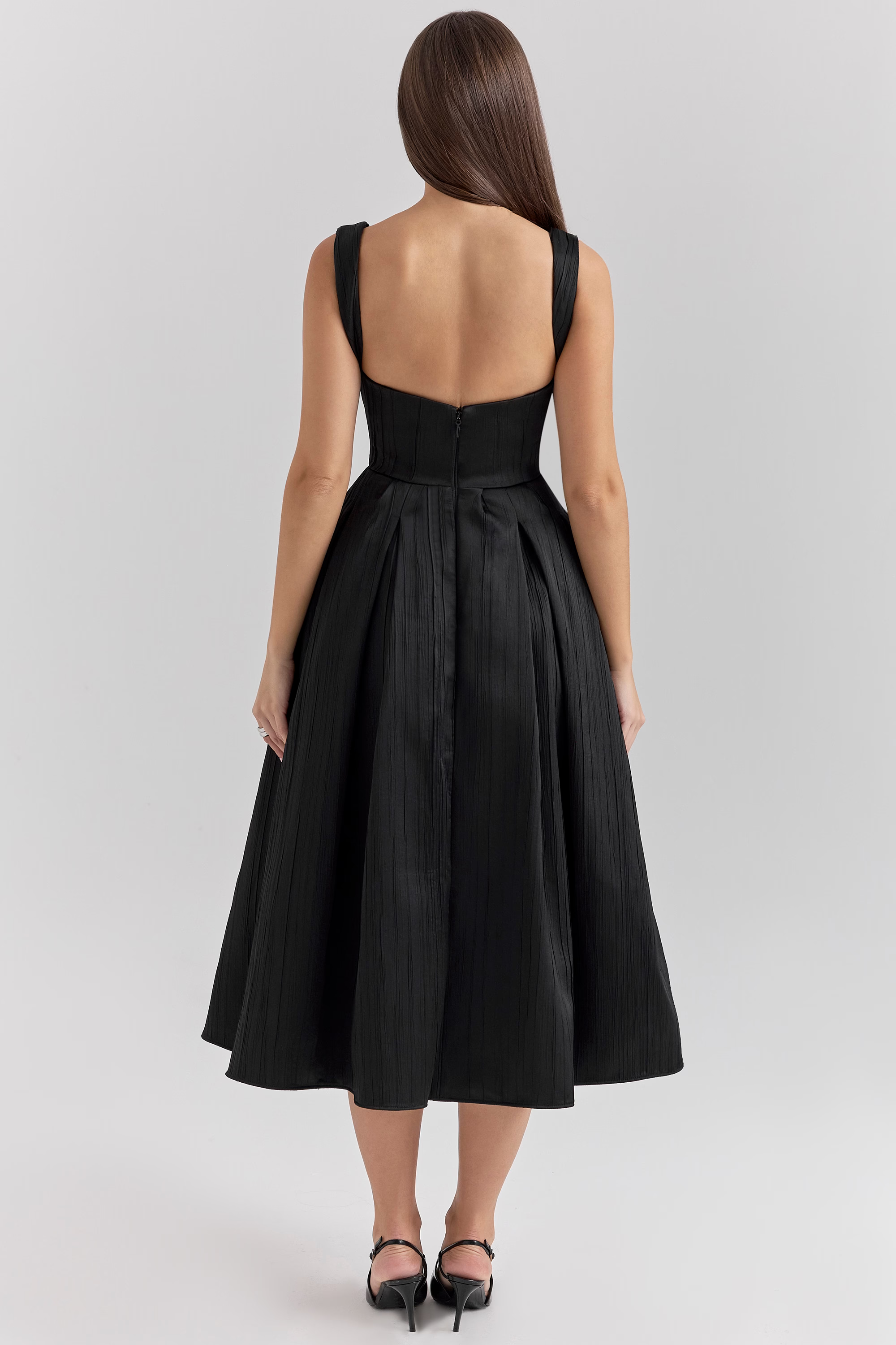 THERESE Black Textured Corset Midi Dress