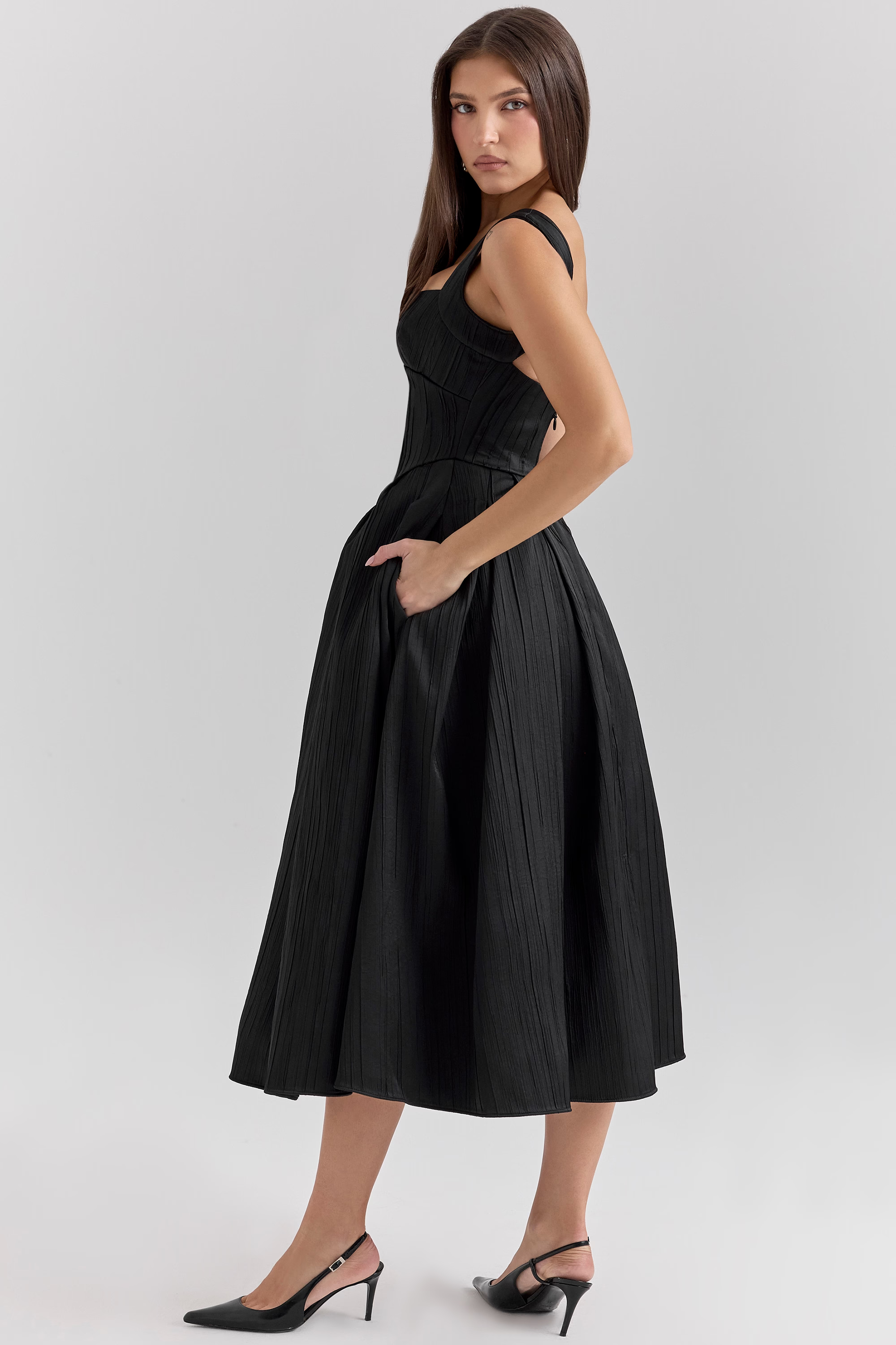 THERESE Black Textured Corset Midi Dress