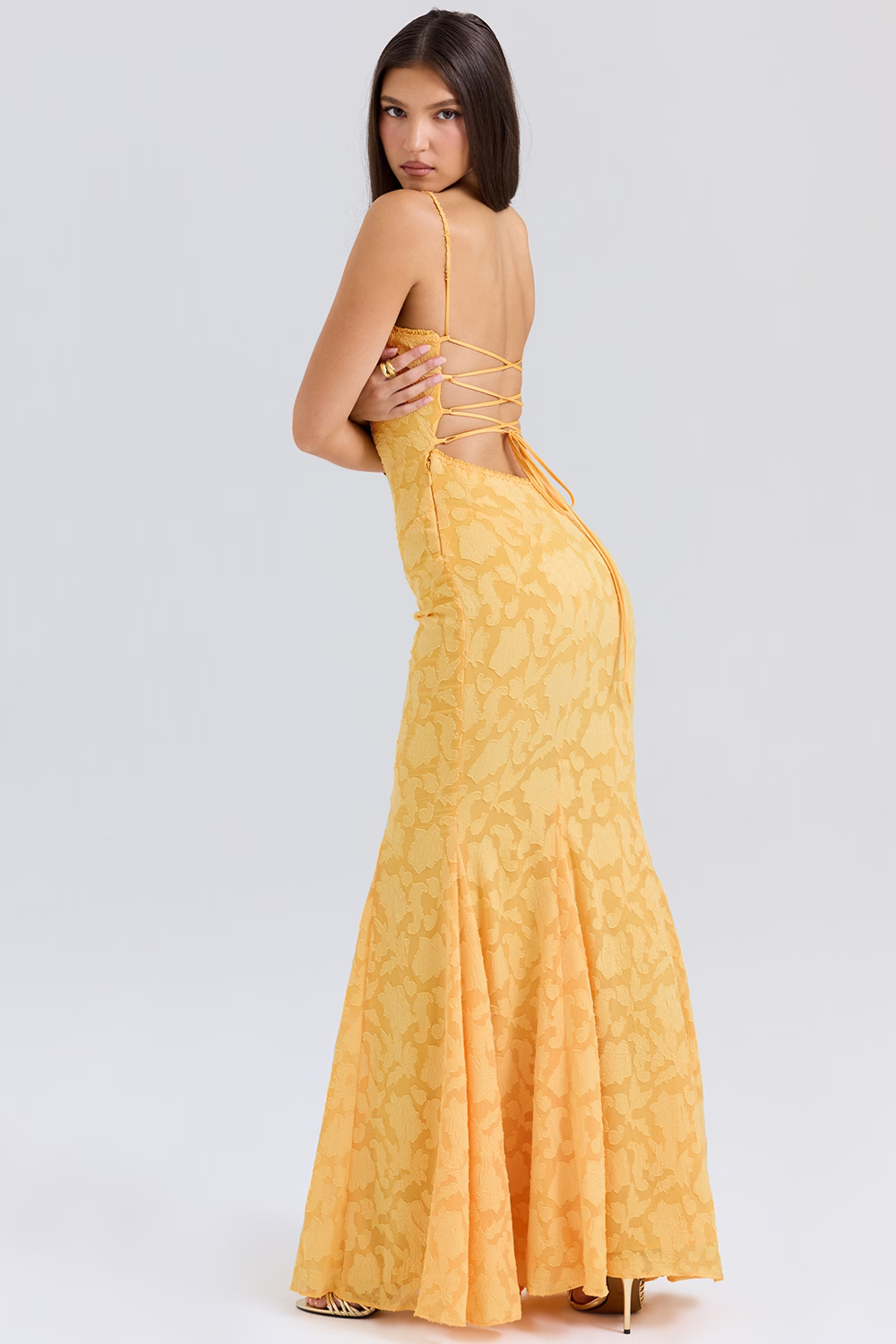 IRENE Pastel yellow Lace Up Back Maxi Dress