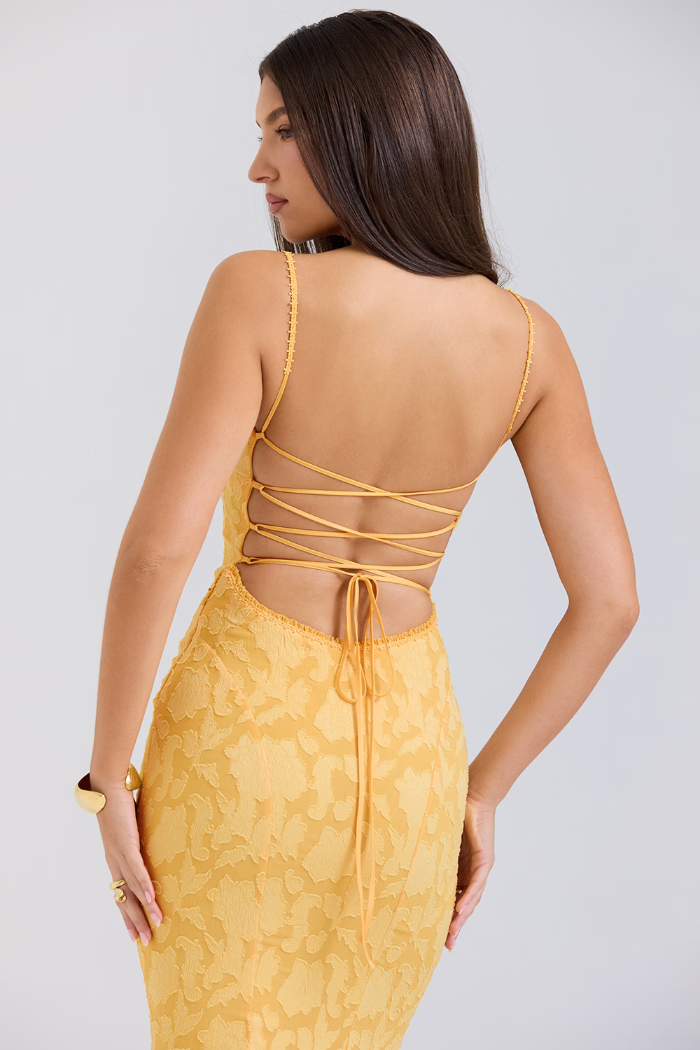 IRENE Pastel yellow Lace Up Back Maxi Dress