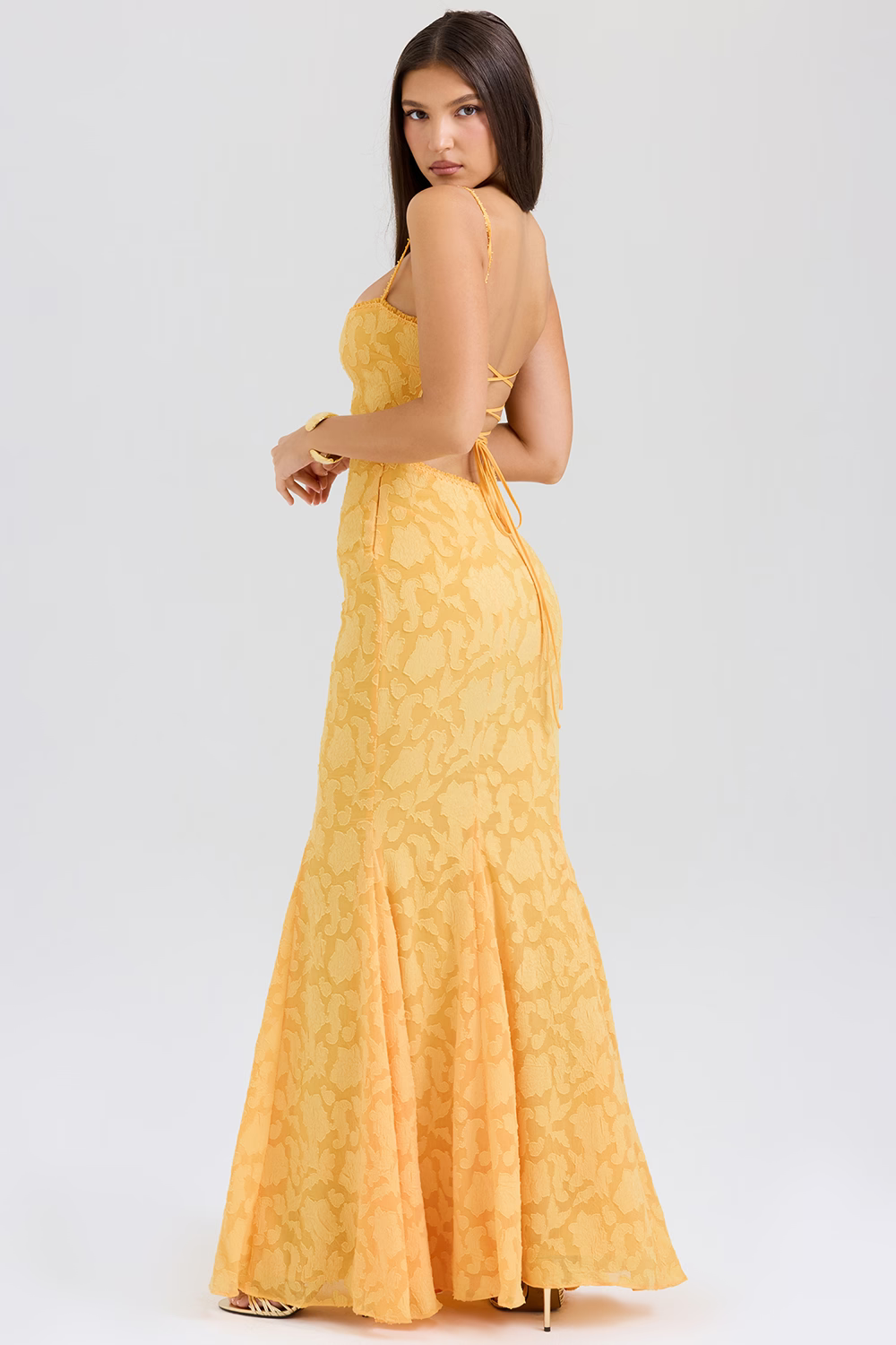 IRENE Pastel yellow Lace Up Back Maxi Dress