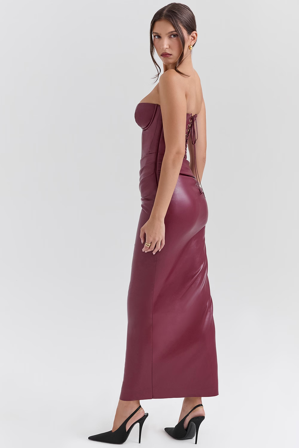 DELPHINE Cabernet Vegan Leather Midi Dress