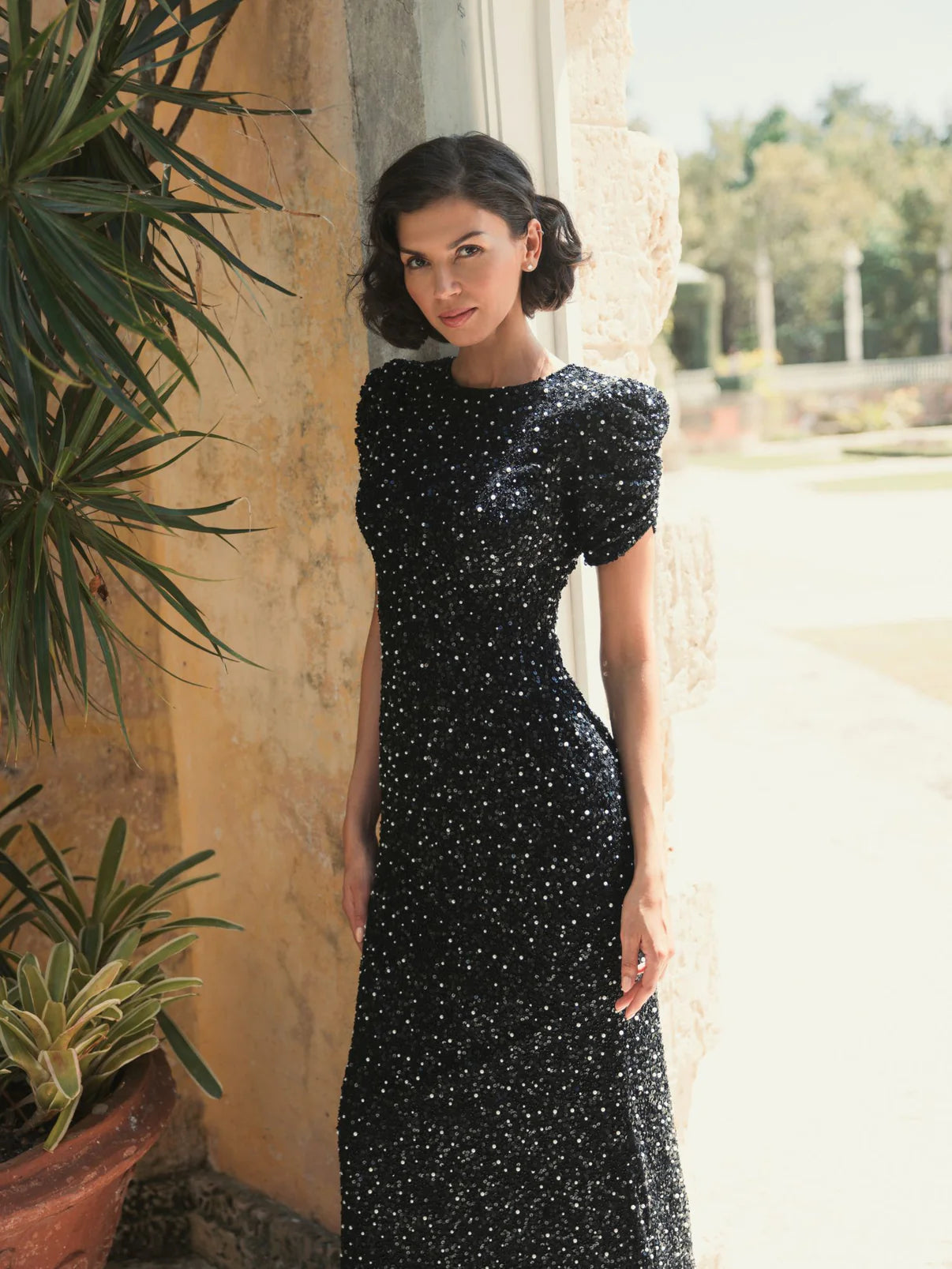 Black Pleated Short Sleeve Crystalized Gown