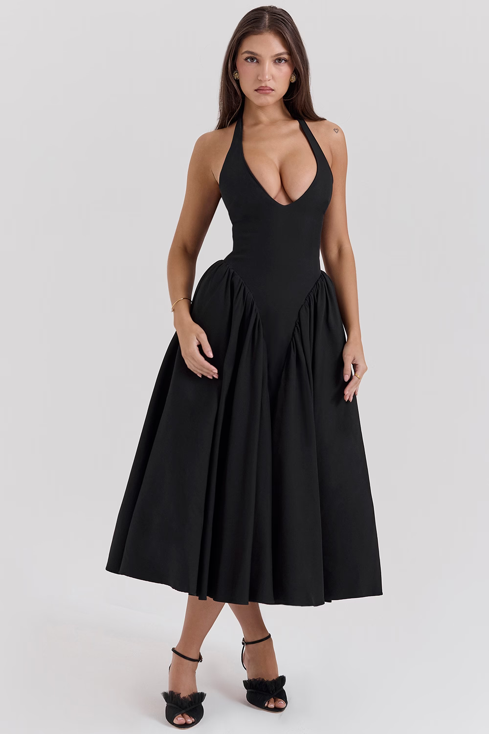 HELENE Black Twill Midi Dress