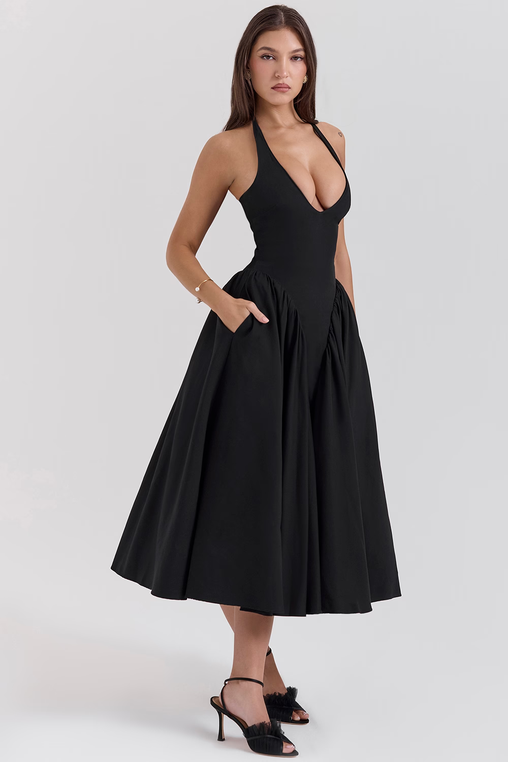 HELENE Black Twill Midi Dress