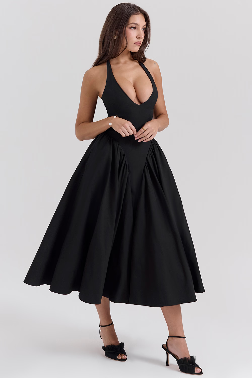 HELENE Black Twill Midi Dress