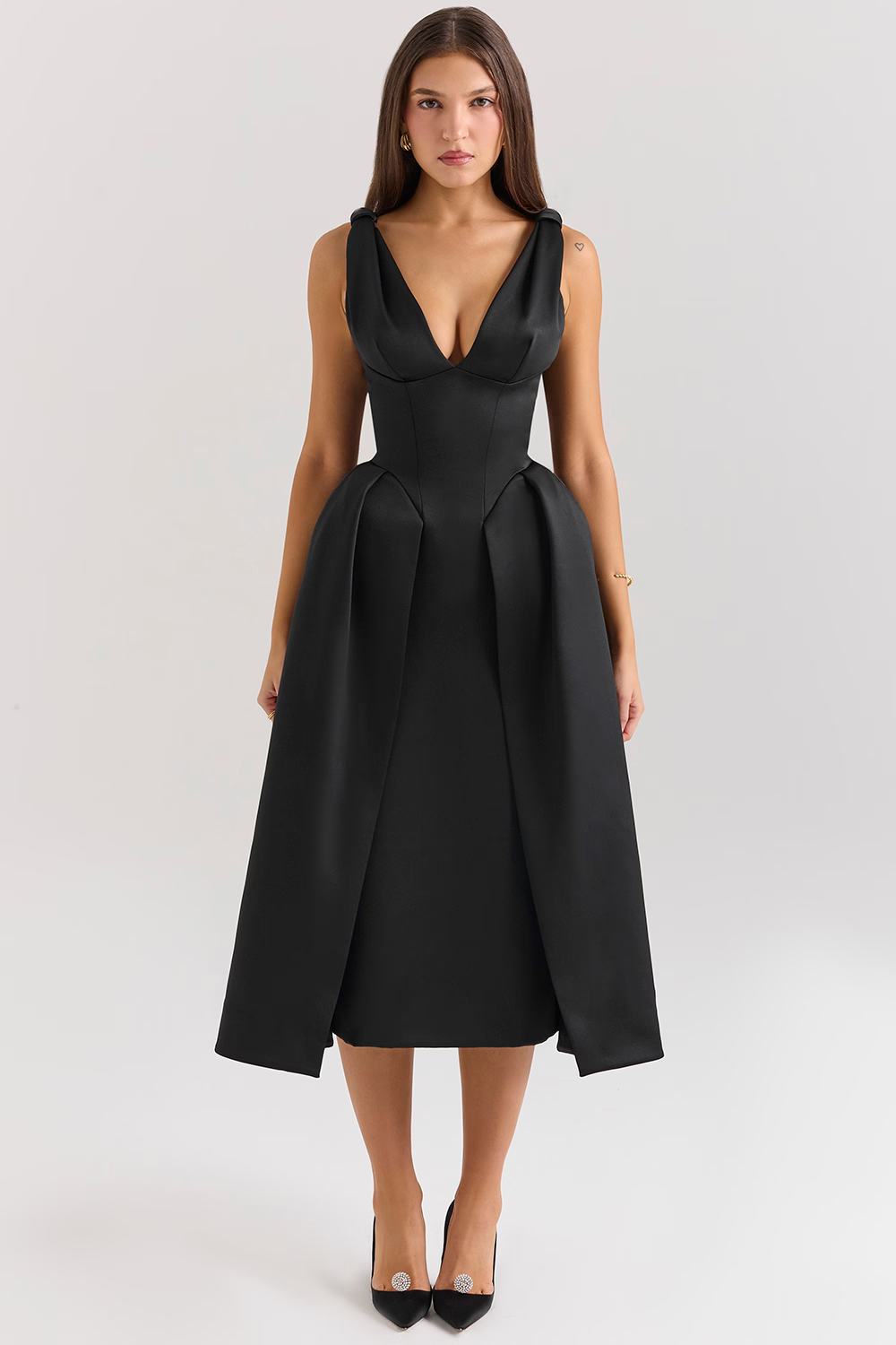 FABIENNE Black Twist Strap Midi Dress