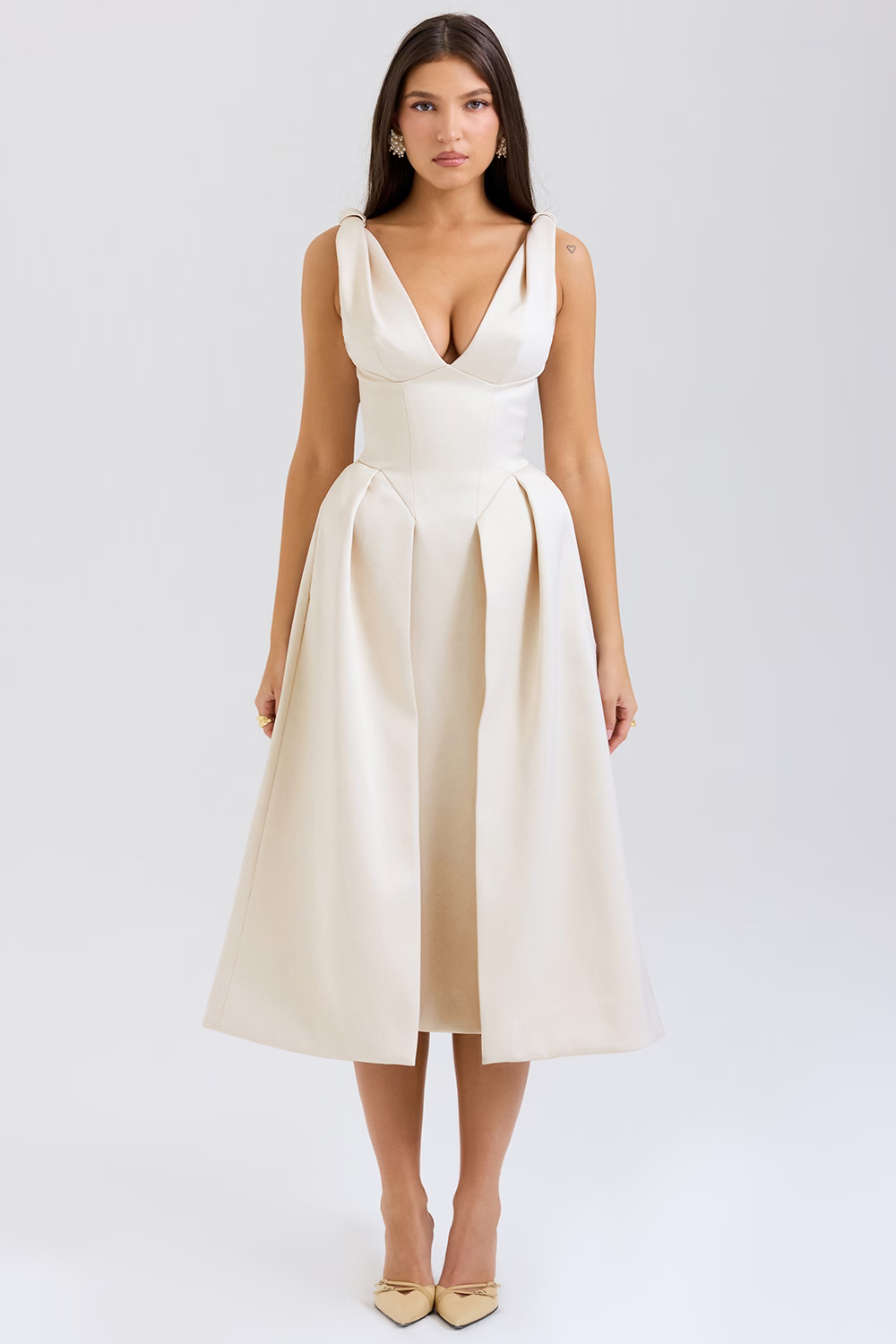 FABIENNE Vintage Cream Pleated Midi Dress