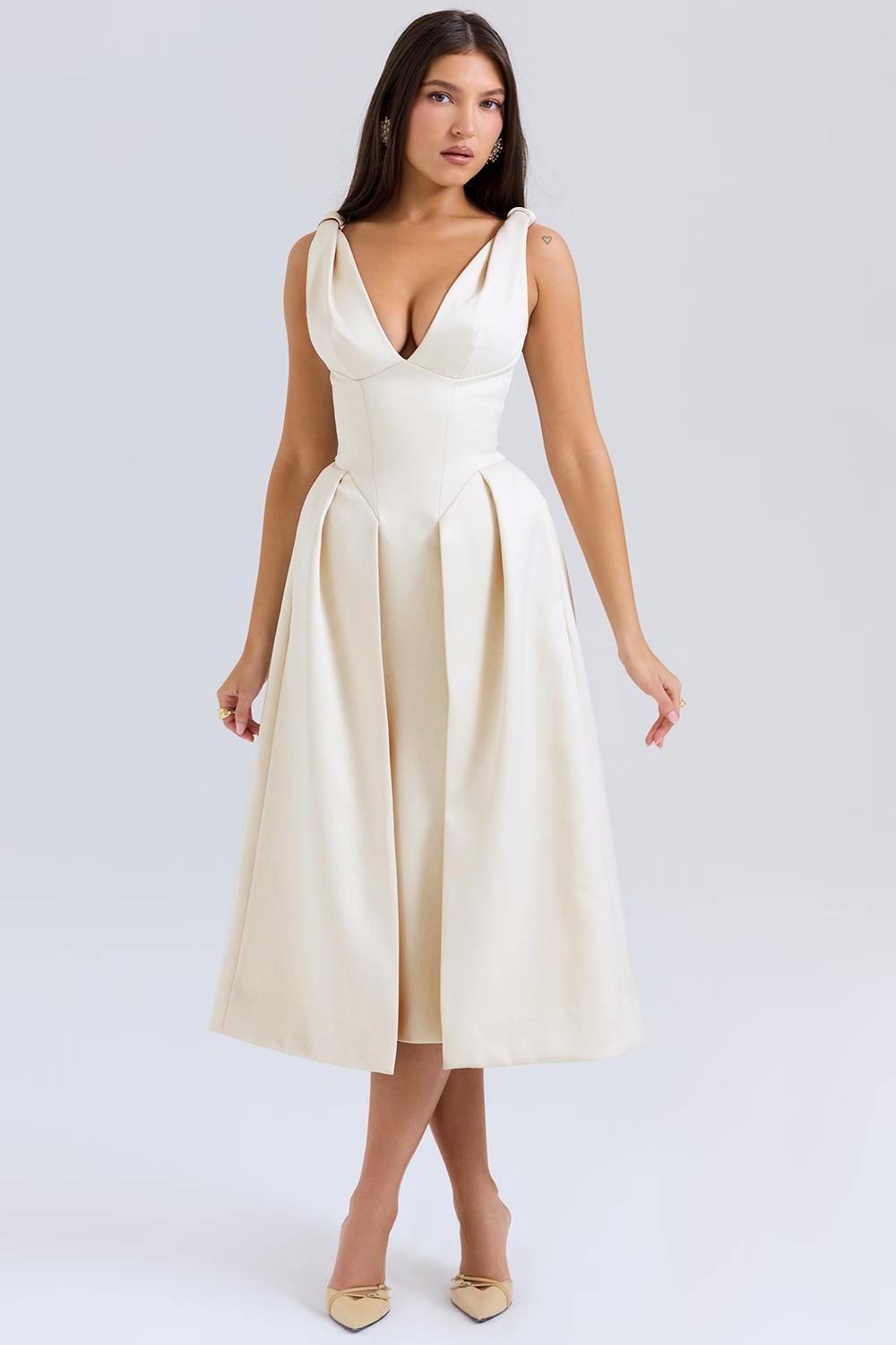 FABIENNE Vintage Cream Pleated Midi Dress