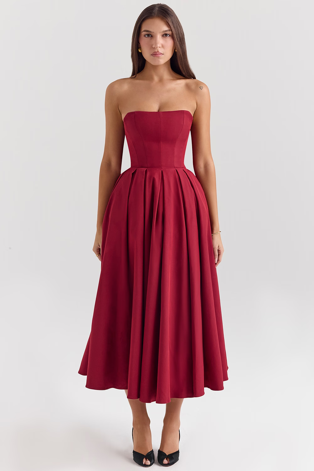 DOMINIQUE Berry Strapless Detachable Bow Midi Dress