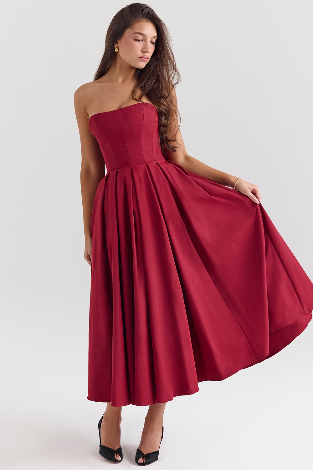 DOMINIQUE Berry Strapless Detachable Bow Midi Dress