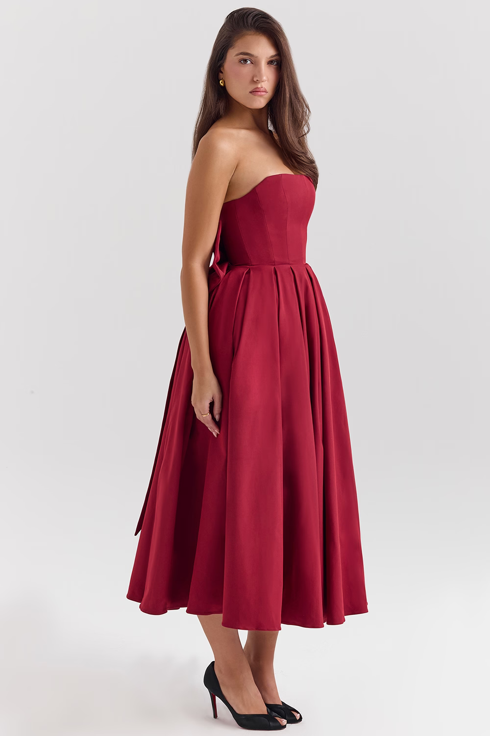 DOMINIQUE Berry Strapless Detachable Bow Midi Dress