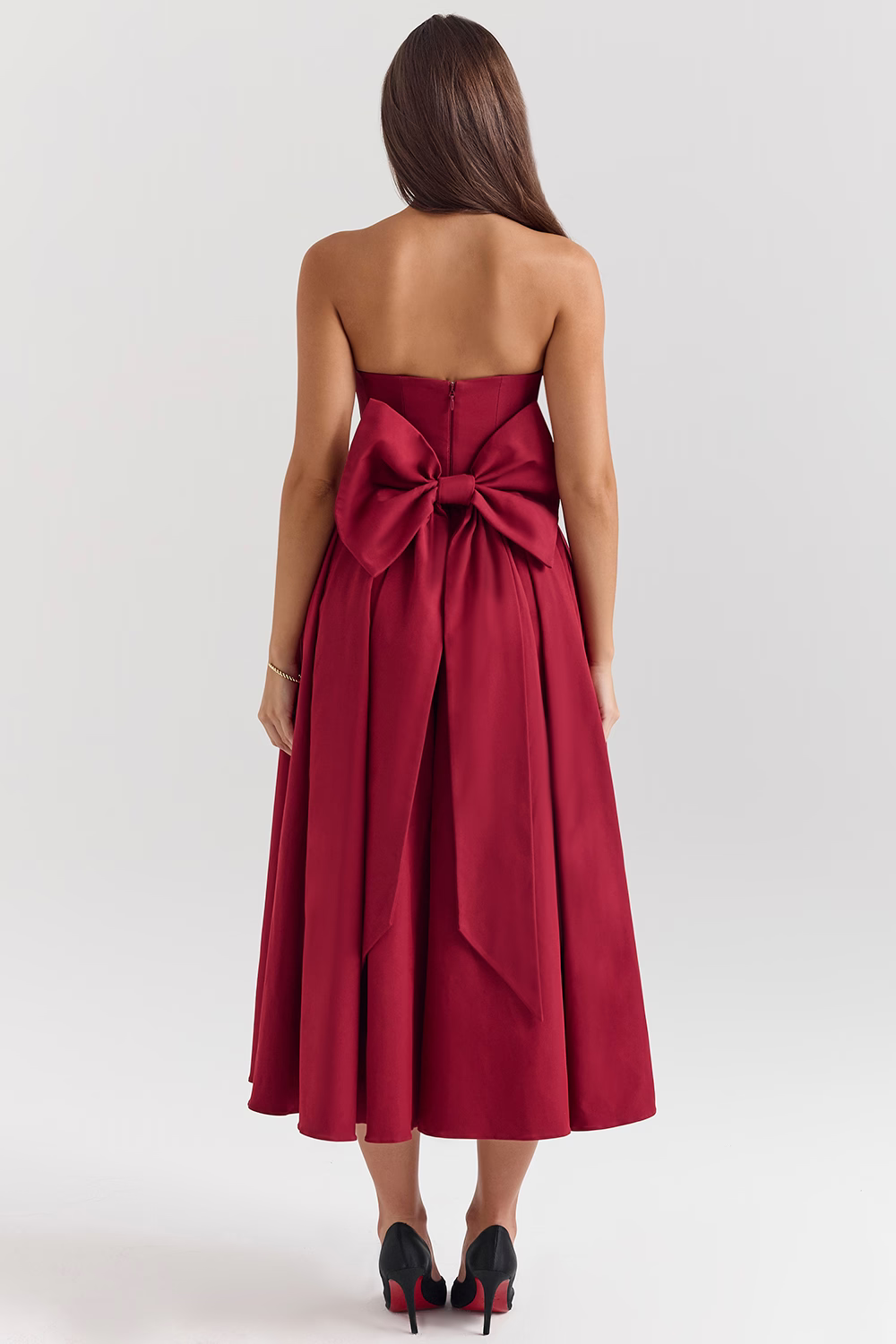 DOMINIQUE Berry Strapless Detachable Bow Midi Dress