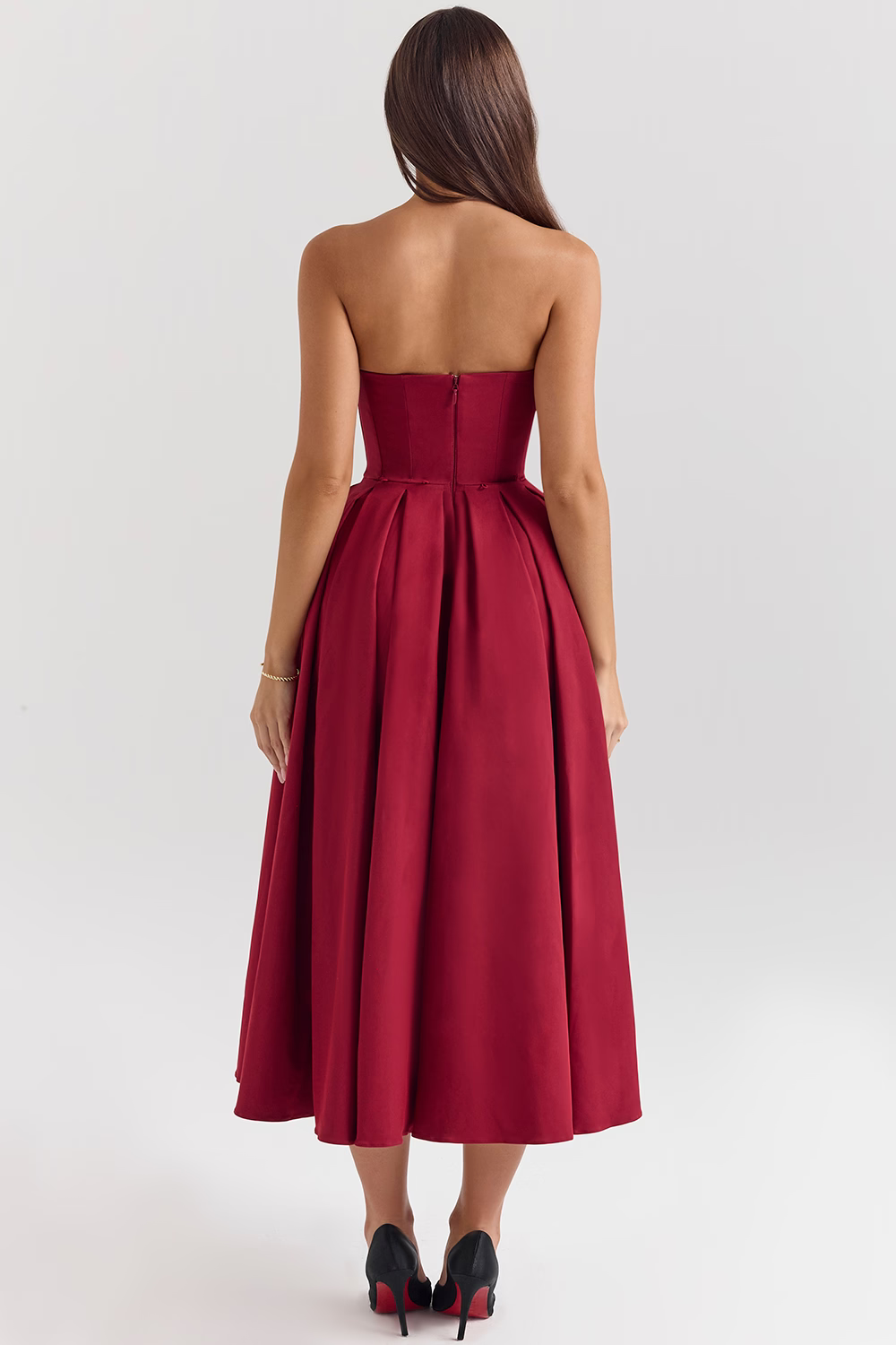 DOMINIQUE Berry Strapless Detachable Bow Midi Dress