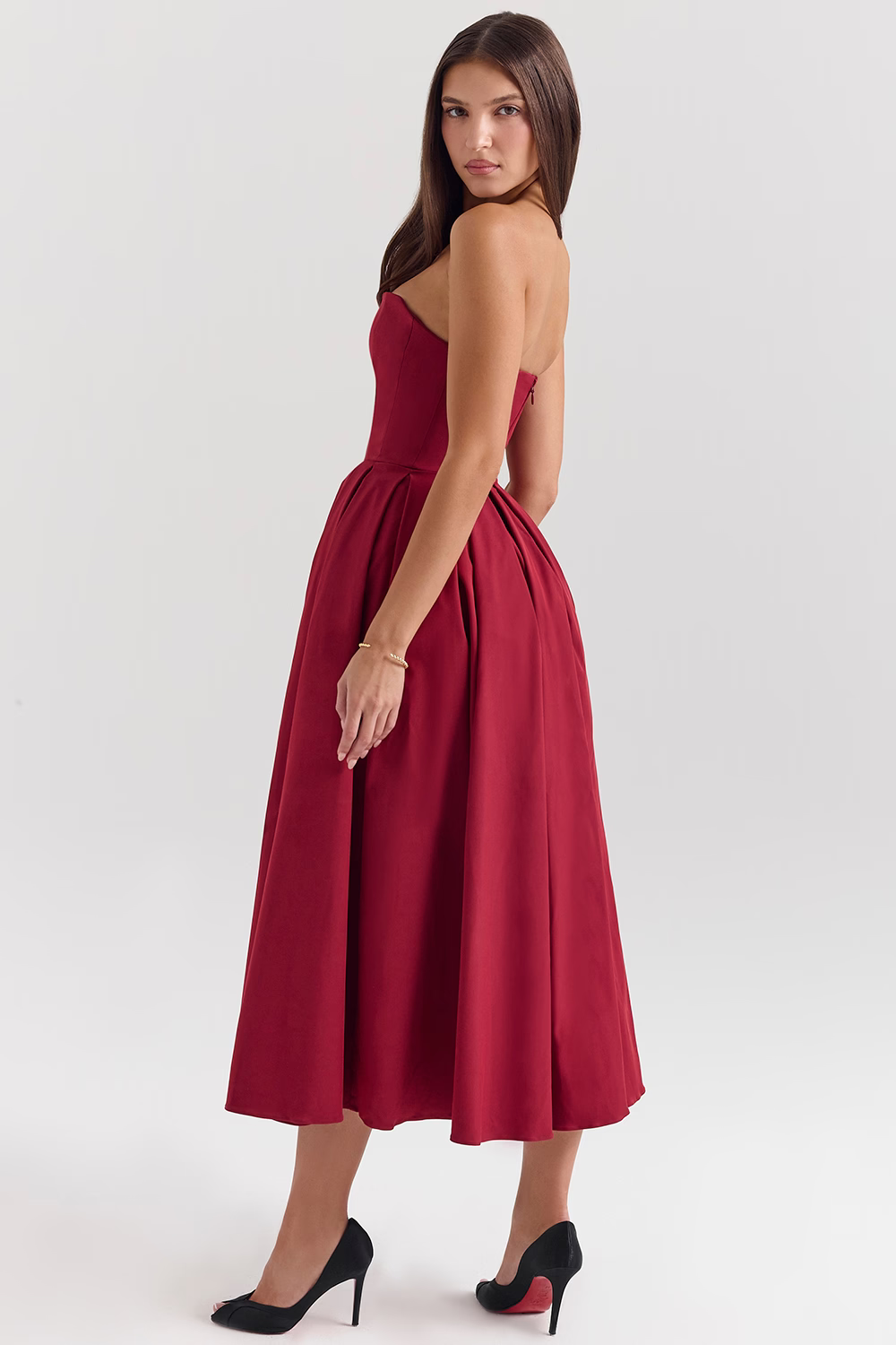 DOMINIQUE Berry Strapless Detachable Bow Midi Dress