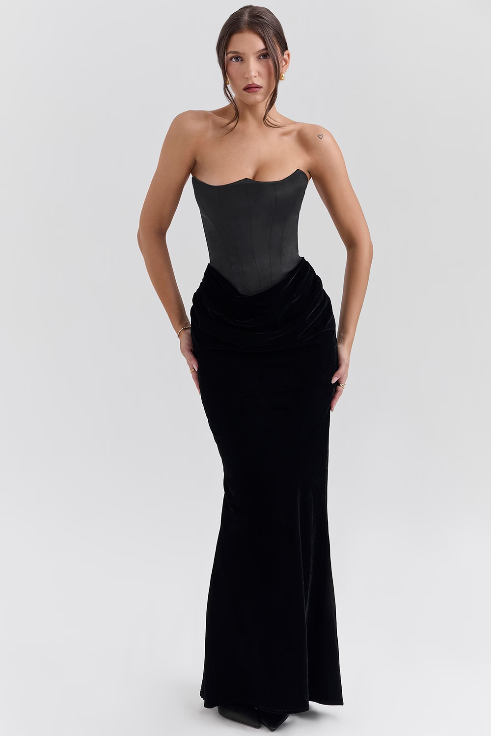 VERONIQUE Black Velvet Strapless Corset Maxi Dress