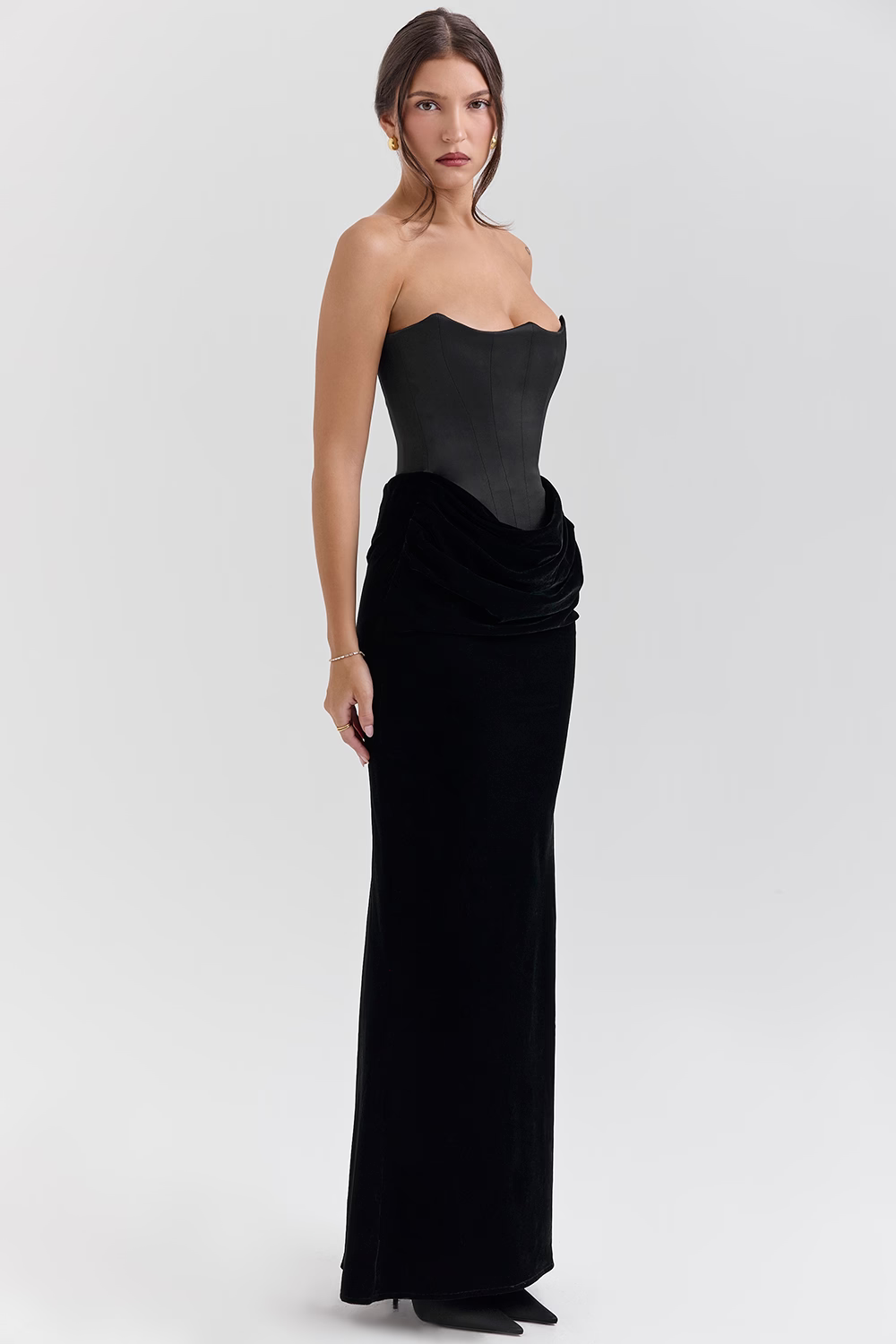 VERONIQUE Black Velvet Strapless Corset Maxi Dress