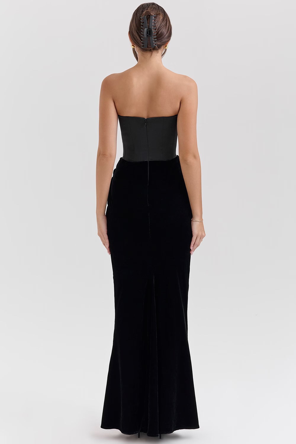 VERONIQUE Black Velvet Strapless Corset Maxi Dress