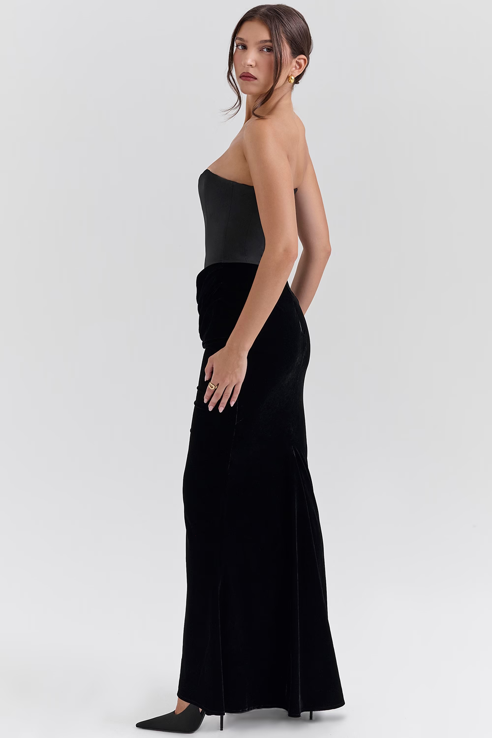 VERONIQUE Black Velvet Strapless Corset Maxi Dress