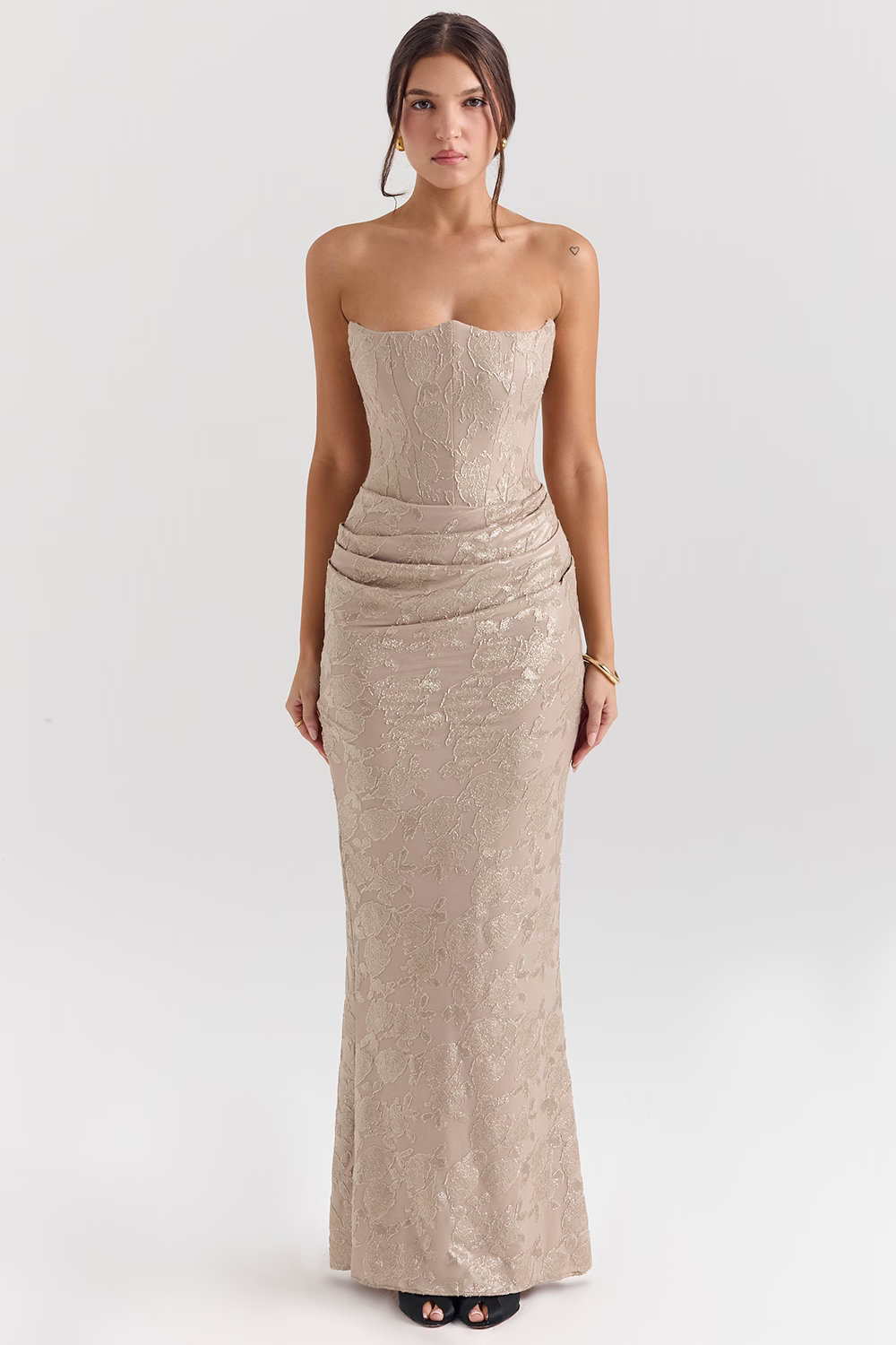 VERONIQUE Pale Gold Strapless Corset Maxi Dress