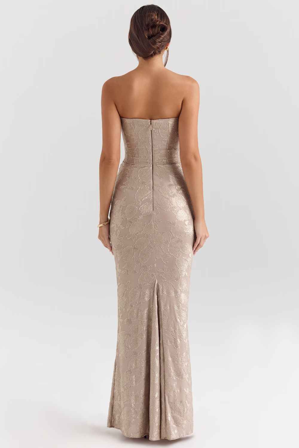 VERONIQUE Pale Gold Strapless Corset Maxi Dress