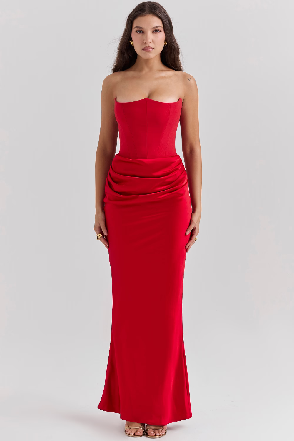 VERONIQUE Blood Red Strapless Corset Maxi Dress