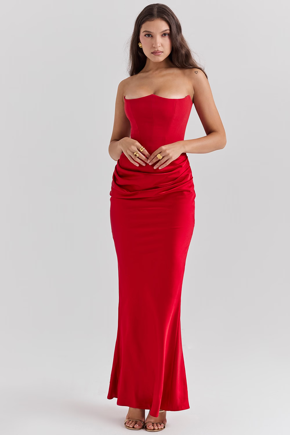 VERONIQUE Blood Red Strapless Corset Maxi Dress