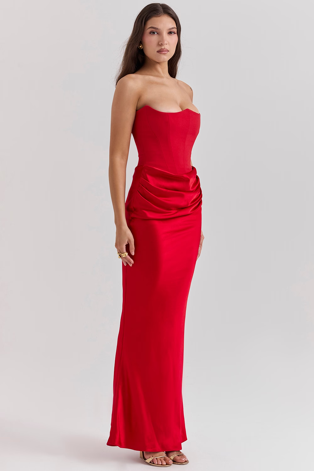 VERONIQUE Blood Red Strapless Corset Maxi Dress