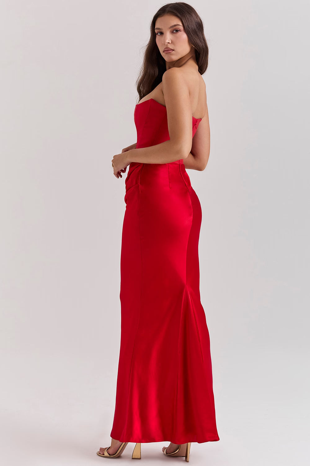 VERONIQUE Blood Red Strapless Corset Maxi Dress