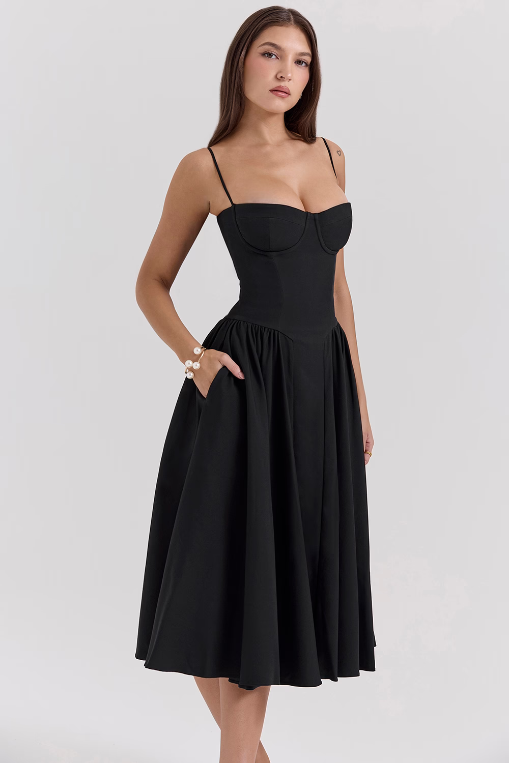 OPHELIE Black Corset Midi Dress